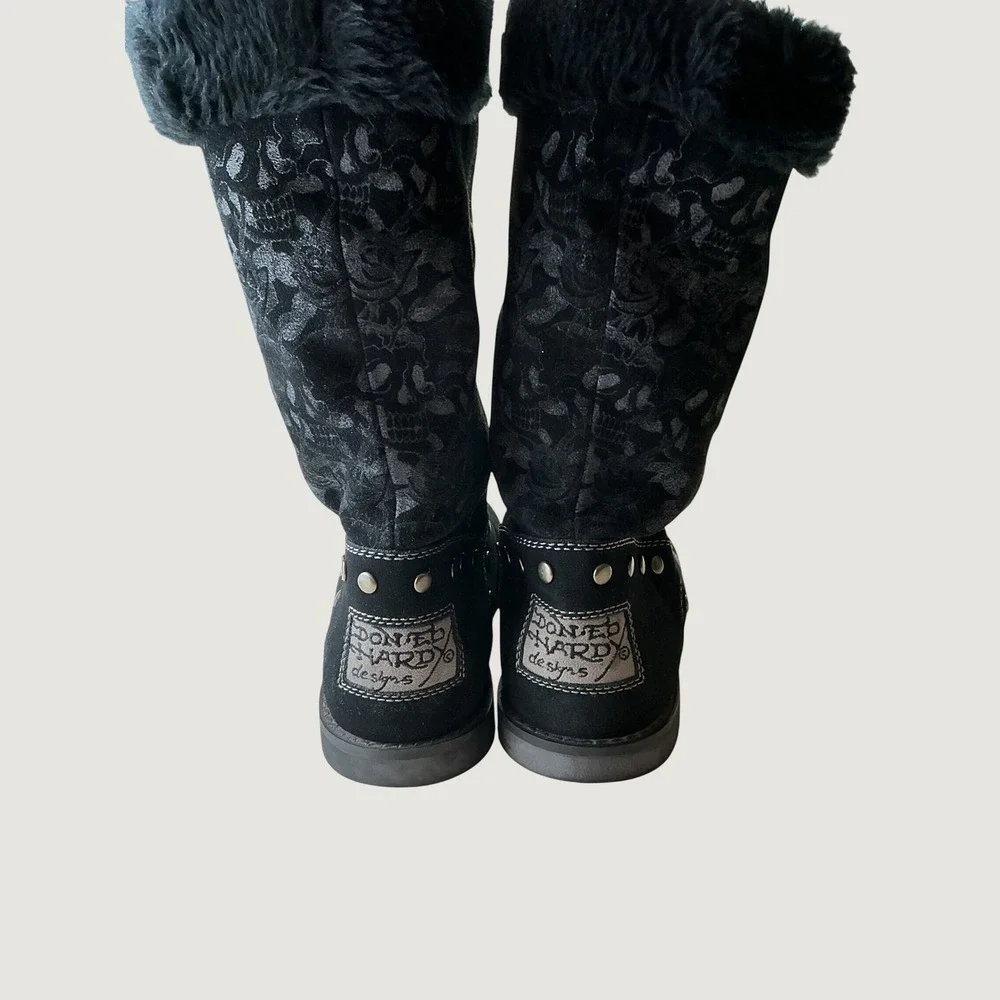 Ed Hardy Black Suede Skull Rose Tattoo Faux Fur Studded Boots 9 19FBS207W